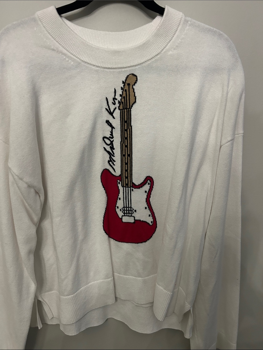 Michael Kors White Crewneck Sweater with Red Guitar Motif